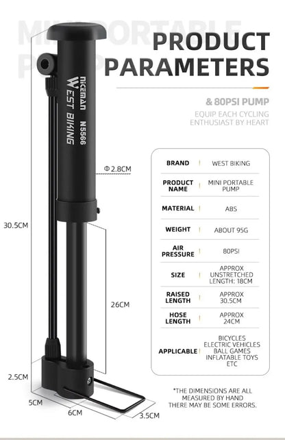 WEST Biking MTB Bicycle Pump 80PSI Schrader Bike Manual Air Pumps Balloon Tire Inflator Portable Floor Pump Cycling Accesories